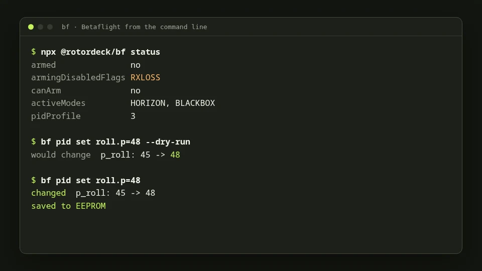 Terminal: bf status shows arming flags; bf pid set previews and then writes a PID value