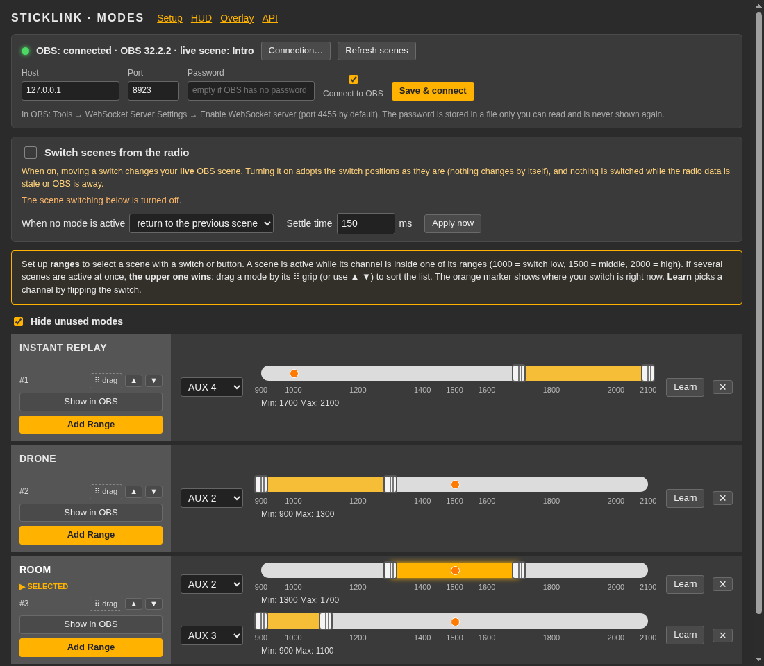 Modes page assigning OBS scenes to switch ranges