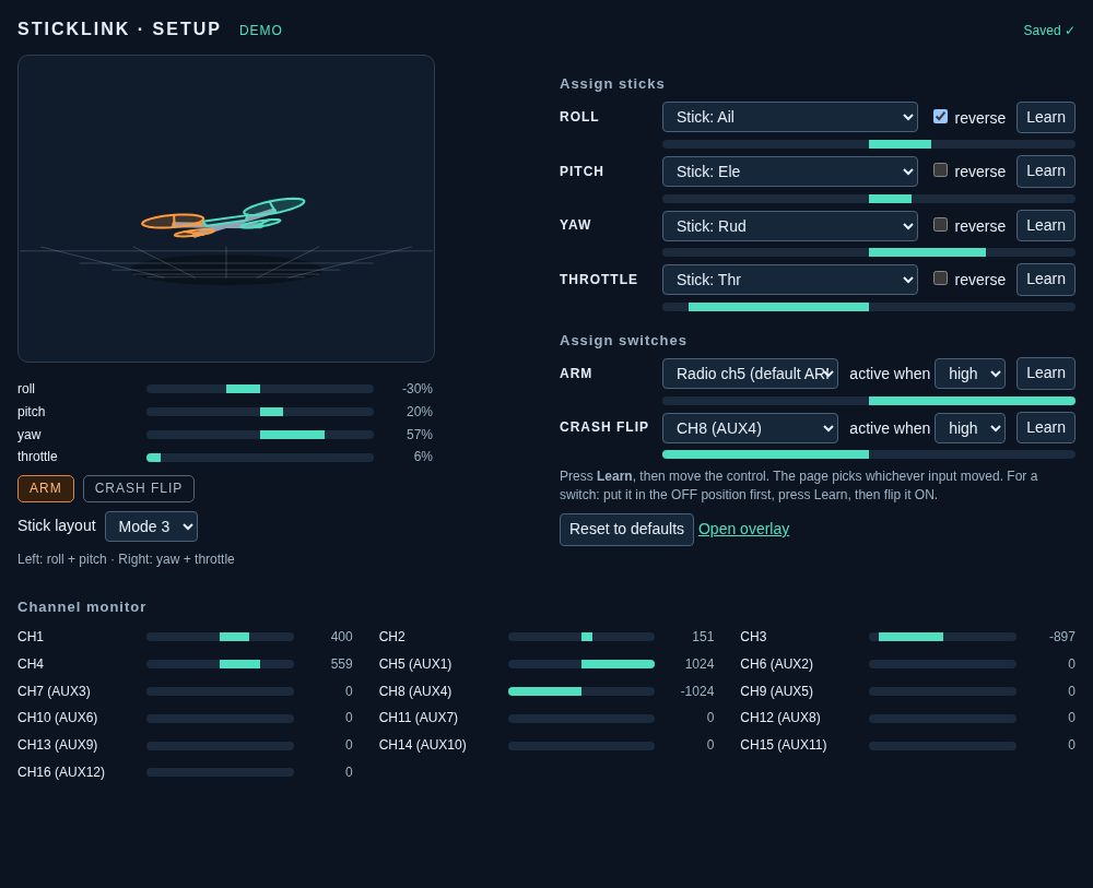 Receiver setup page with a 3D quad and channel monitor