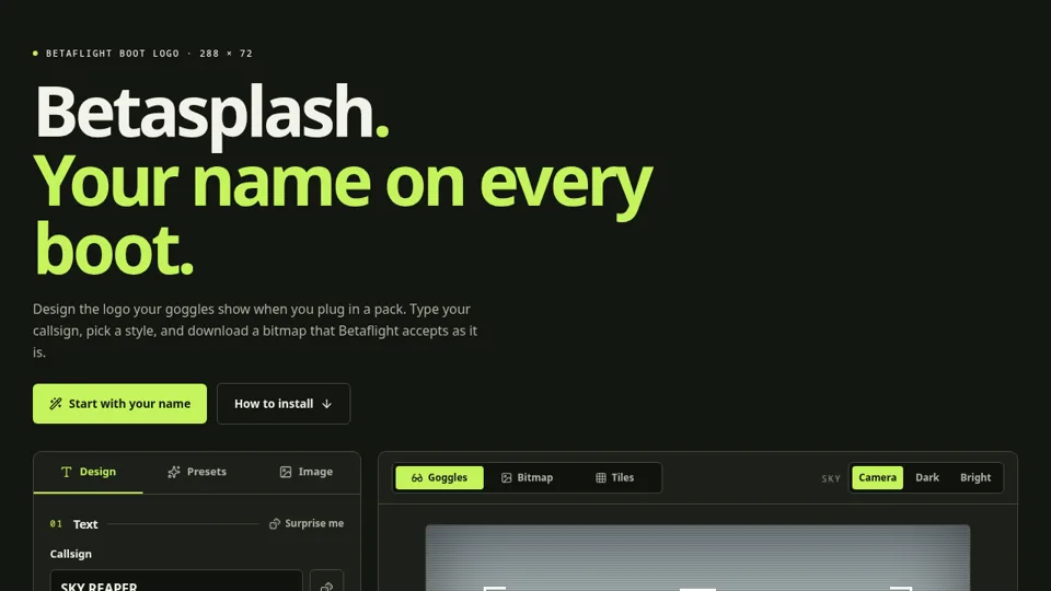 Betasplash: boot logo editor with a callsign preview in the goggles