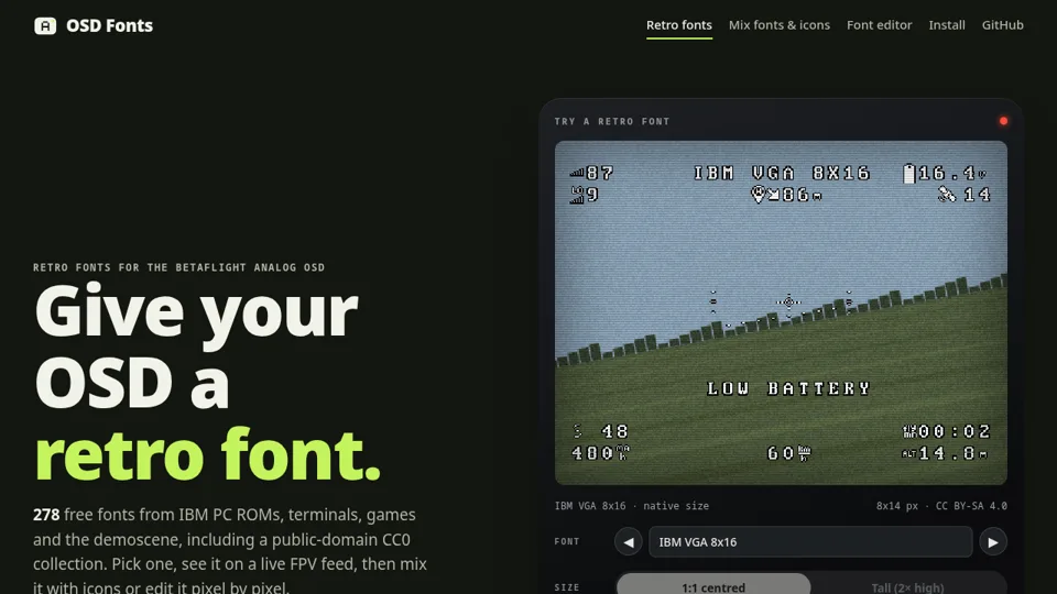 OSD Fonts: a retro font shown on a live FPV feed