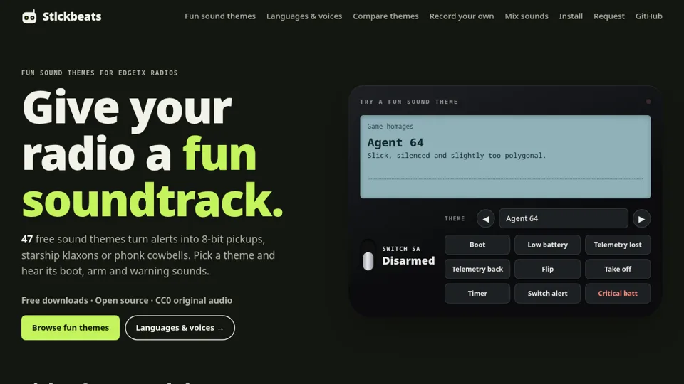 Stickbeats: sound theme player with Boot, Low battery and Telemetry lost buttons
